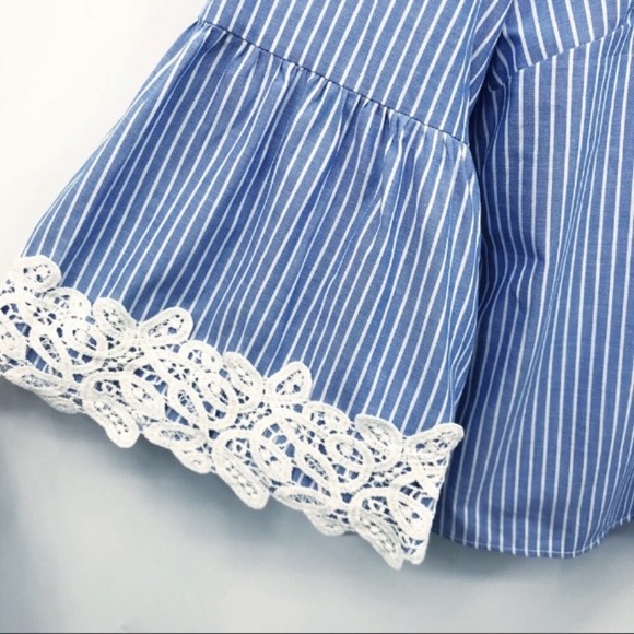 Zara Top Blouse Bell Sleeve Chambray Boho Lace Size Small Blue - Picture 6 of 8